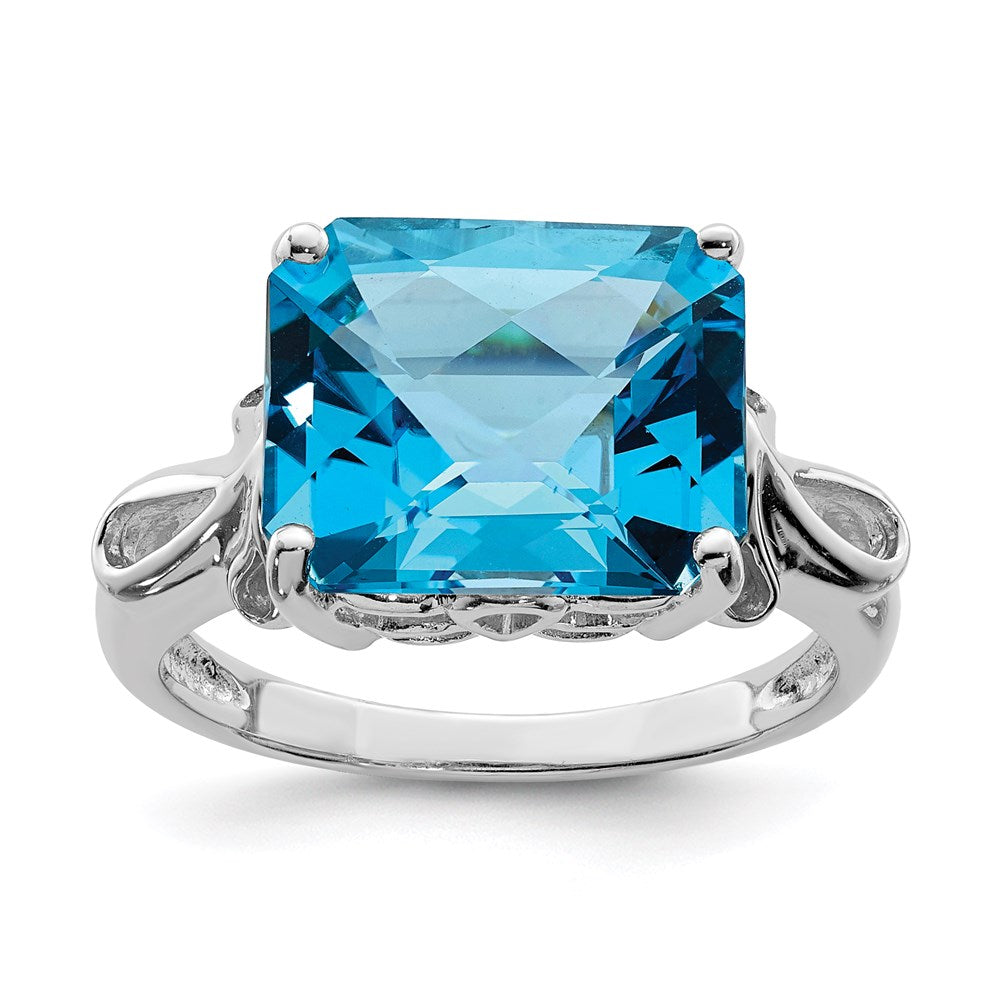 Sterling Silver Rhodium Checker-Cut Blue Topaz Ring