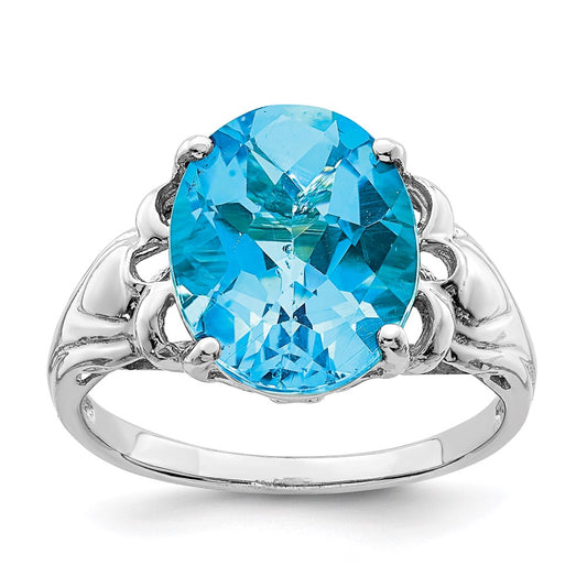 Sterling Silver Rhodium Checker-Cut Blue Topaz Ring