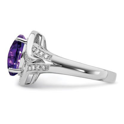 Sterling Silver Rhodium-plated Diamond u0026 Checker-Cut Amethyst Ring