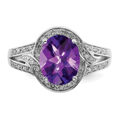 Sterling Silver Rhodium-plated Diamond u0026 Checker-Cut Amethyst Ring