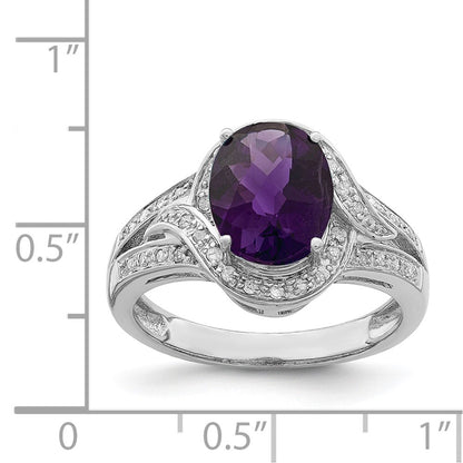 Sterling Silver Rhodium-plated Diamond u0026 Checker-Cut Amethyst Ring