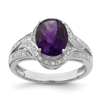 Sterling Silver Rhodium-plated Diamond u0026 Checker-Cut Amethyst Ring