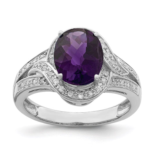 Sterling Silver Rhodium-plated Diamond u0026 Checker-Cut Amethyst Ring