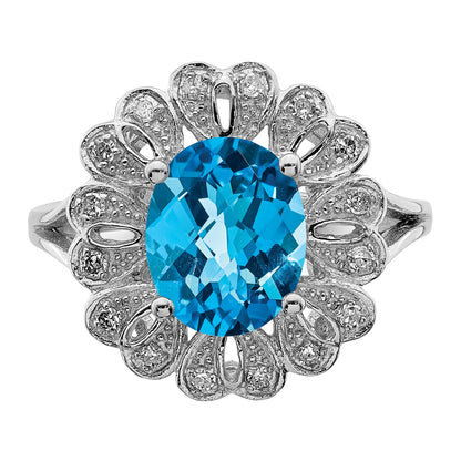 Sterling Silver Rhodium Diamond u0026 Checker-Cut Blue Topaz Ring