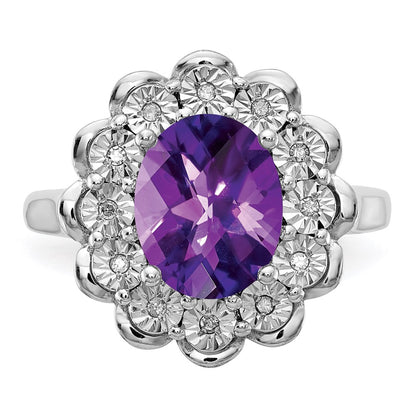 Sterling Silver Rhodium-plated Diamond u0026 Checker-Cut Amethyst Ring