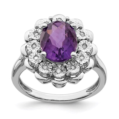 Sterling Silver Rhodium-plated Diamond u0026 Checker-Cut Amethyst Ring