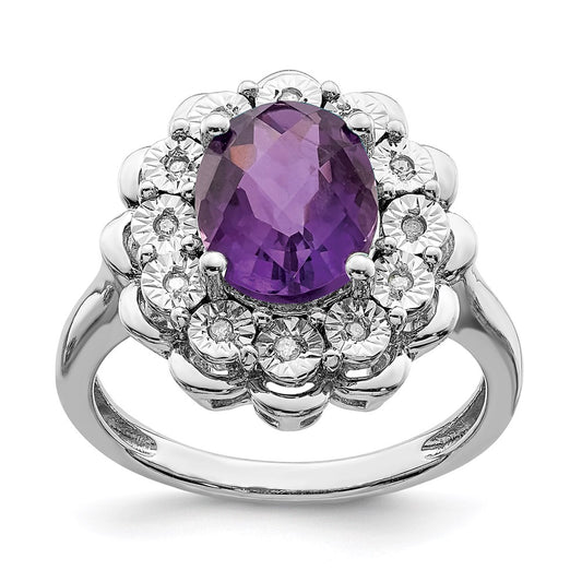 Sterling Silver Rhodium-plated Diamond u0026 Checker-Cut Amethyst Ring