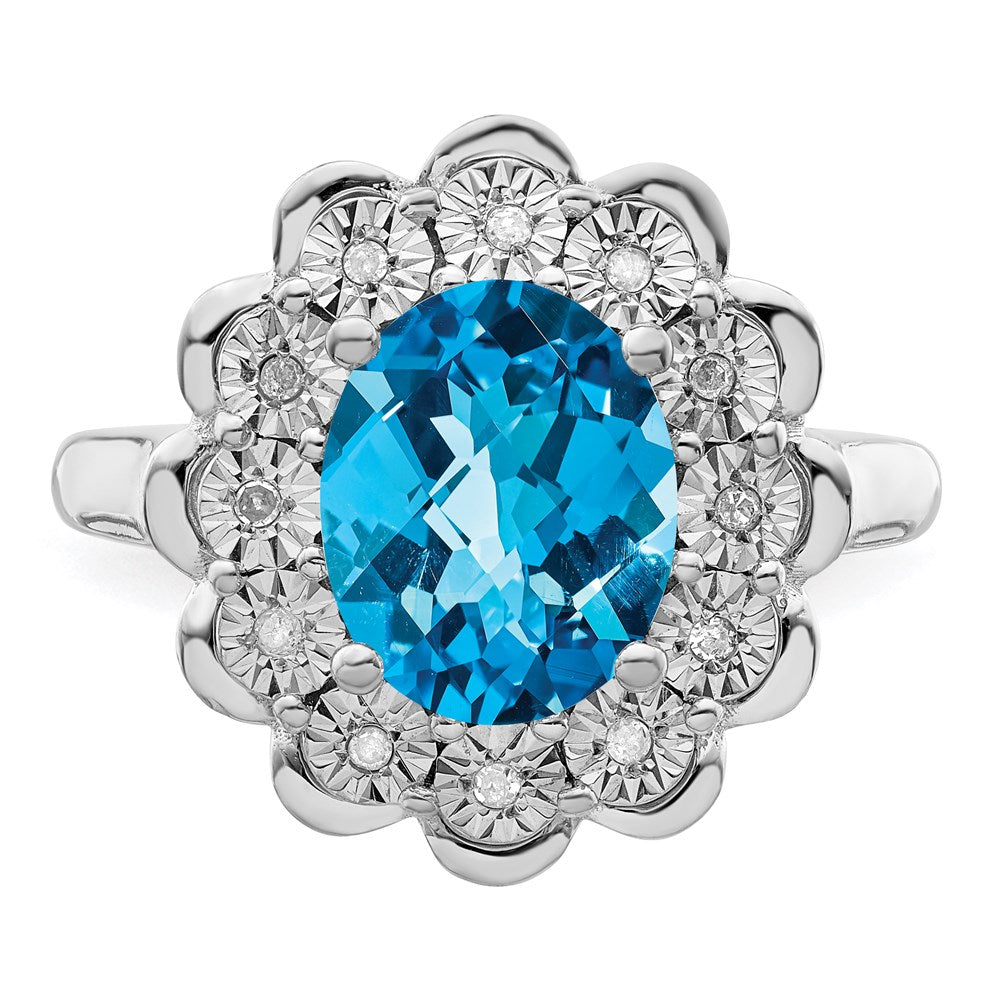 Sterling Silver Rhodium Diamond u0026 Checker-Cut Blue Topaz Ring