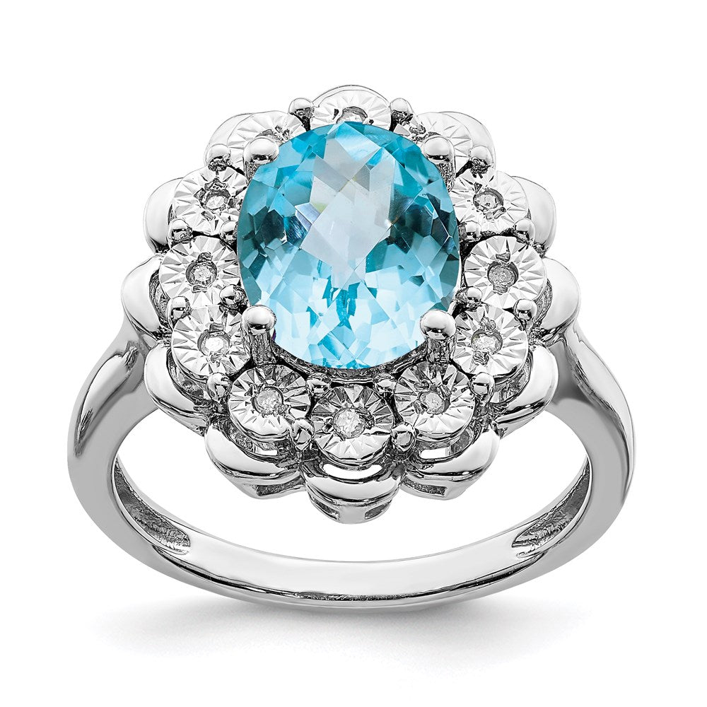 Sterling Silver Rhodium Diamond u0026 Checker-Cut Blue Topaz Ring
