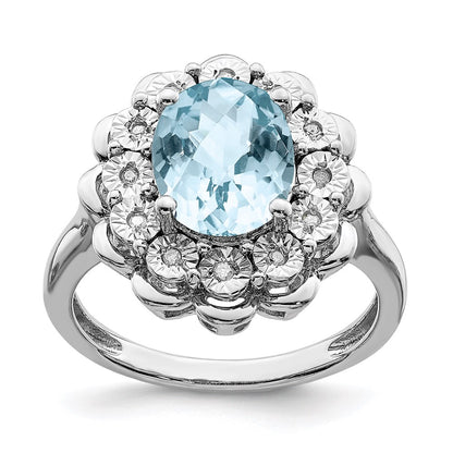 Sterling Silver Rhodium Diamond u0026 Checker-Cut Sky Blue Topaz Ring
