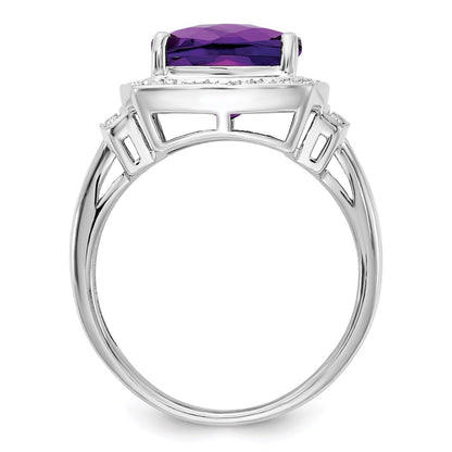 Sterling Silver Rhodium-plated Diamond u0026 Checker-Cut Amethyst Ring