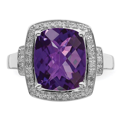 Sterling Silver Rhodium-plated Diamond u0026 Checker-Cut Amethyst Ring