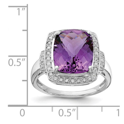 Sterling Silver Rhodium-plated Diamond u0026 Checker-Cut Amethyst Ring