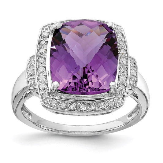 Sterling Silver Rhodium-plated Diamond u0026 Checker-Cut Amethyst Ring