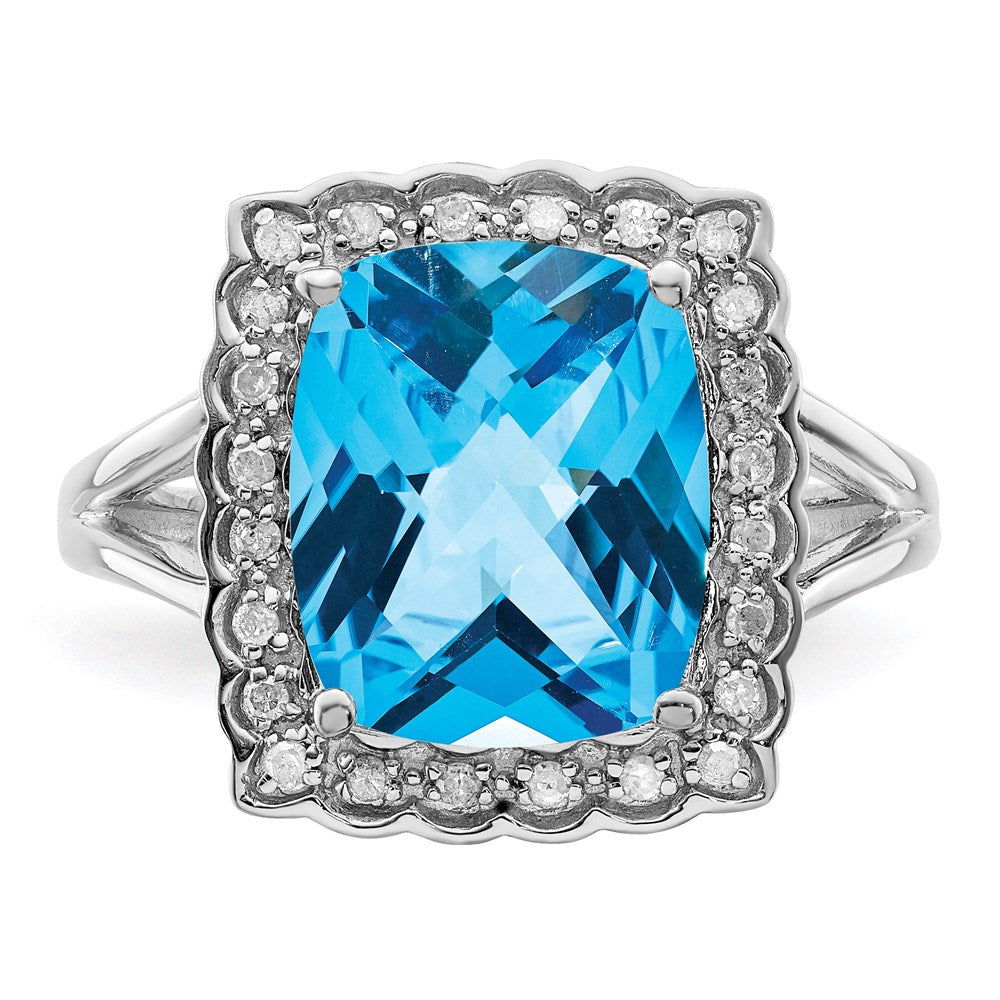 Sterling Silver Rhodium Diamond u0026 Checker-Cut Blue Topaz Ring
