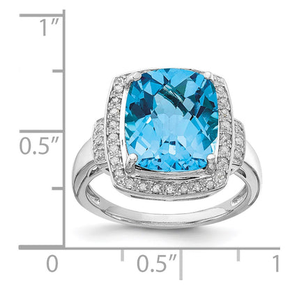 Sterling Silver Rhodium Diamond u0026 Checker-Cut Blue Topaz Ring
