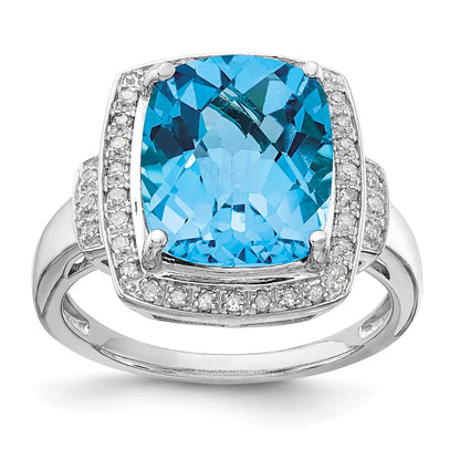 Sterling Silver Rhodium Diamond u0026 Checker-Cut Blue Topaz Ring