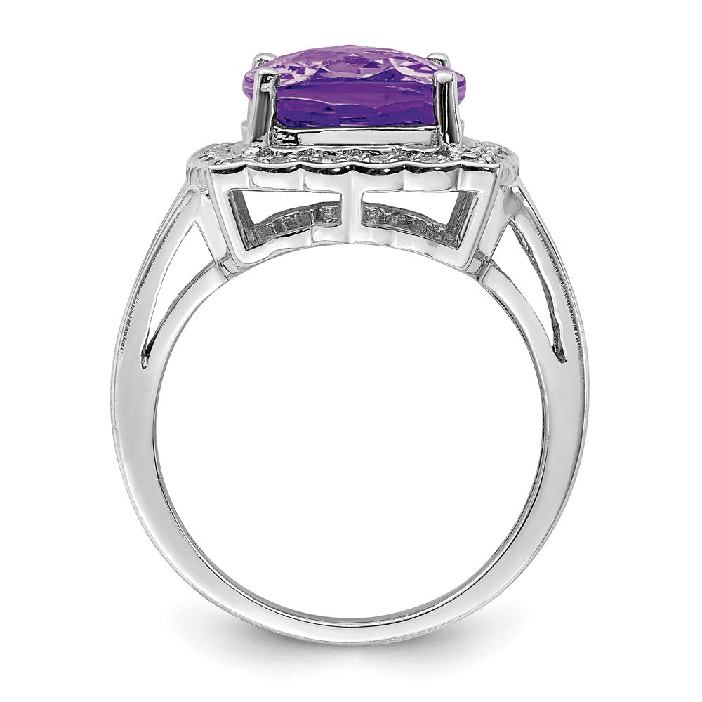 Sterling Silver Rhodium-plated Diamond u0026 Checker-Cut Amethyst Ring