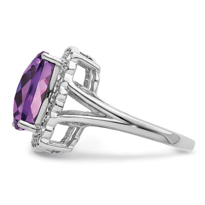 Sterling Silver Rhodium-plated Diamond u0026 Checker-Cut Amethyst Ring