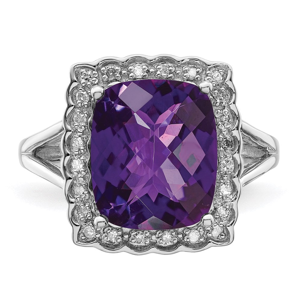 Sterling Silver Rhodium-plated Diamond u0026 Checker-Cut Amethyst Ring