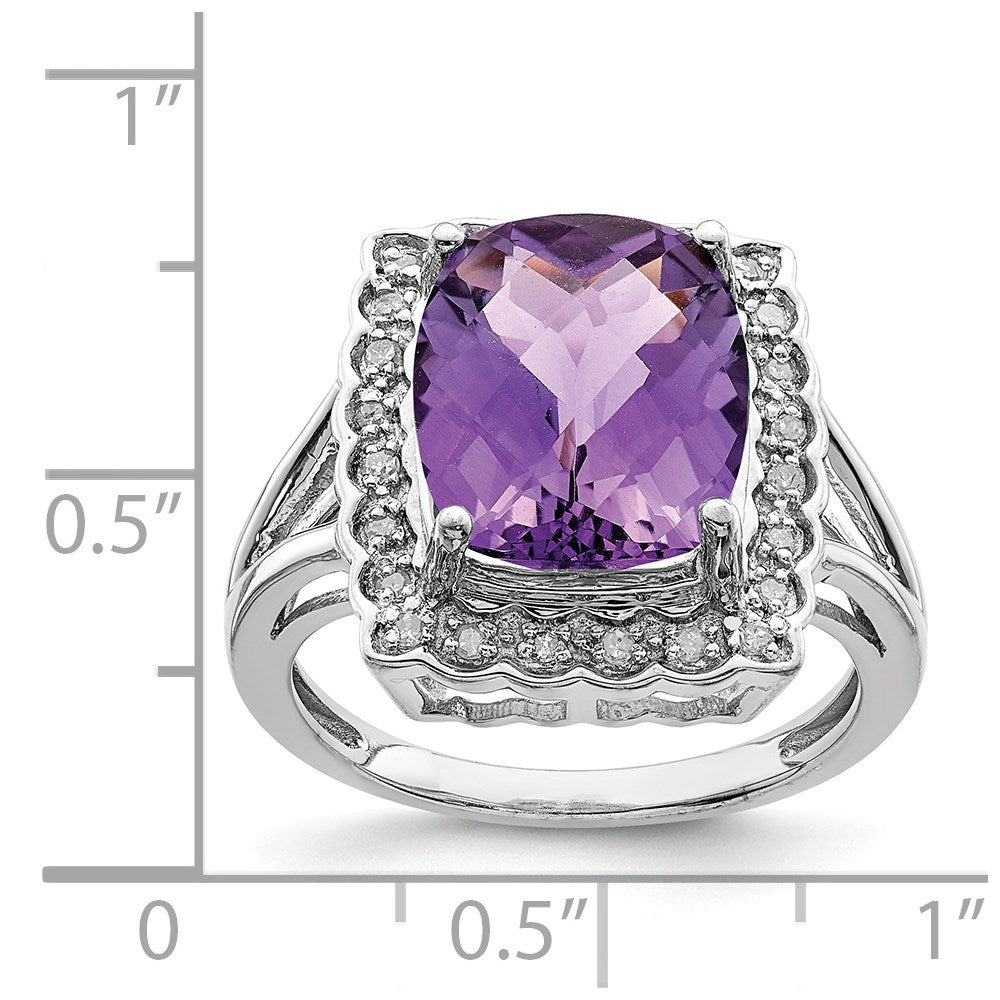 Sterling Silver Rhodium-plated Diamond u0026 Checker-Cut Amethyst Ring