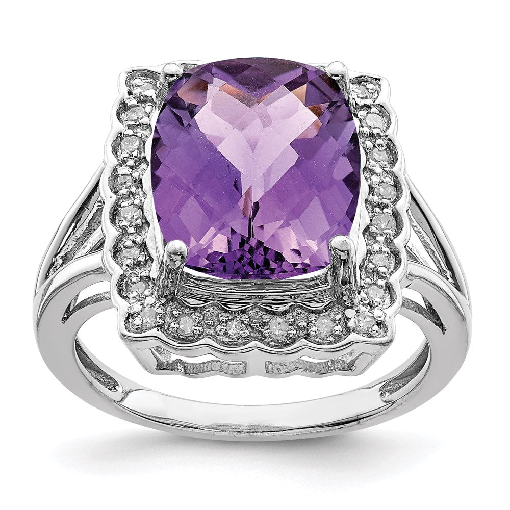 Sterling Silver Rhodium-plated Diamond u0026 Checker-Cut Amethyst Ring