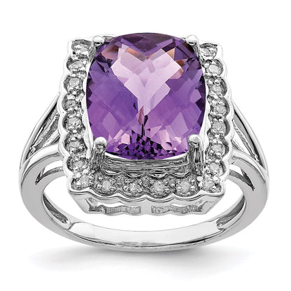 Sterling Silver Rhodium-plated Diamond u0026 Checker-Cut Amethyst Ring
