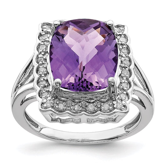 Sterling Silver Rhodium-plated Diamond u0026 Checker-Cut Amethyst Ring