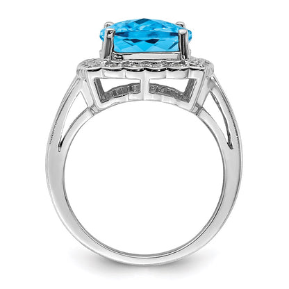 Sterling Silver Rhodium Diamond u0026 Checker-Cut Blue Topaz Ring