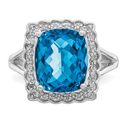 Sterling Silver Rhodium Diamond u0026 Checker-Cut Blue Topaz Ring