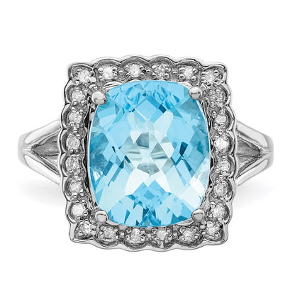 Sterling Silver Rhodium Diamond u0026 Checker-Cut Sky Blue Topaz Ring