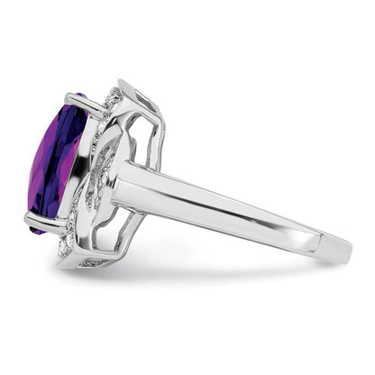 Sterling Silver Rhodium-plated Diamond u0026 Checker-Cut Amethyst Ring