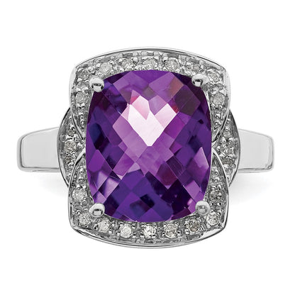Sterling Silver Rhodium-plated Diamond u0026 Checker-Cut Amethyst Ring