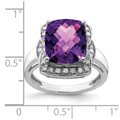 Sterling Silver Rhodium-plated Diamond u0026 Checker-Cut Amethyst Ring