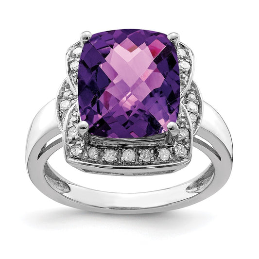 Sterling Silver Rhodium-plated Diamond u0026 Checker-Cut Amethyst Ring