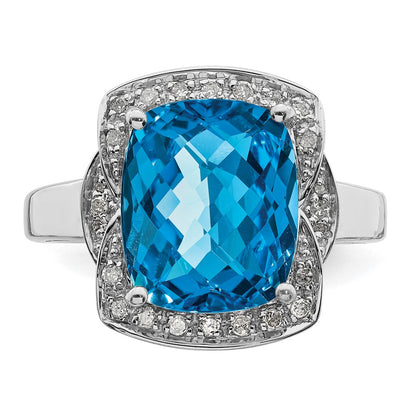 Sterling Silver Rhodium Diamond u0026 Checker-Cut Blue Topaz Ring