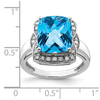 Sterling Silver Rhodium Diamond u0026 Checker-Cut Blue Topaz Ring
