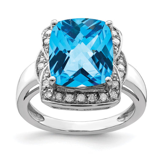 Sterling Silver Rhodium Diamond u0026 Checker-Cut Blue Topaz Ring