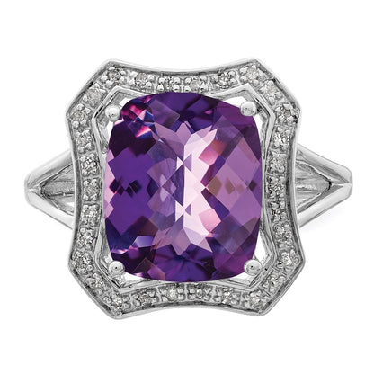 Sterling Silver Rhodium-plated Diamond u0026 Checker-Cut Amethyst Ring