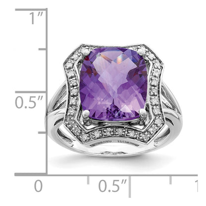 Sterling Silver Rhodium-plated Diamond u0026 Checker-Cut Amethyst Ring