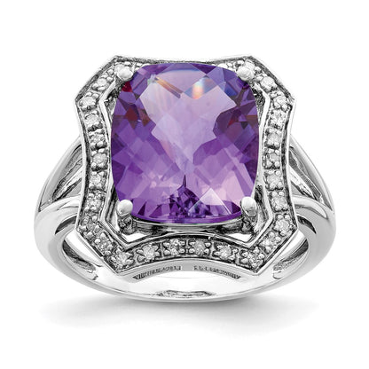 Sterling Silver Rhodium-plated Diamond u0026 Checker-Cut Amethyst Ring