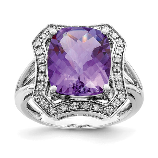 Sterling Silver Rhodium-plated Diamond u0026 Checker-Cut Amethyst Ring