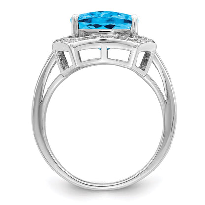 Sterling Silver Rhodium Diamond u0026 Checker-Cut Blue Topaz Ring