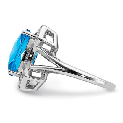 Sterling Silver Rhodium Diamond u0026 Checker-Cut Blue Topaz Ring