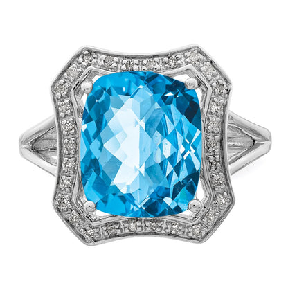 Sterling Silver Rhodium Diamond u0026 Checker-Cut Blue Topaz Ring