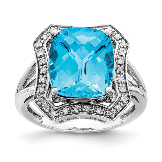 Sterling Silver Rhodium Diamond u0026 Checker-Cut Blue Topaz Ring