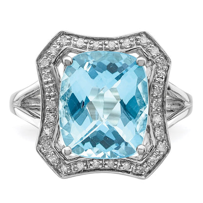 Sterling Silver Rhodium Diamond u0026 Checker-Cut Sky Blue Topaz Ring