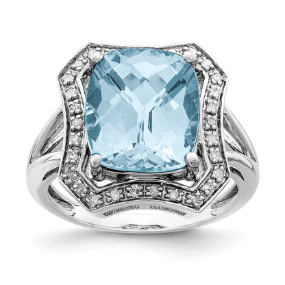 Sterling Silver Rhodium Diamond u0026 Checker-Cut Sky Blue Topaz Ring