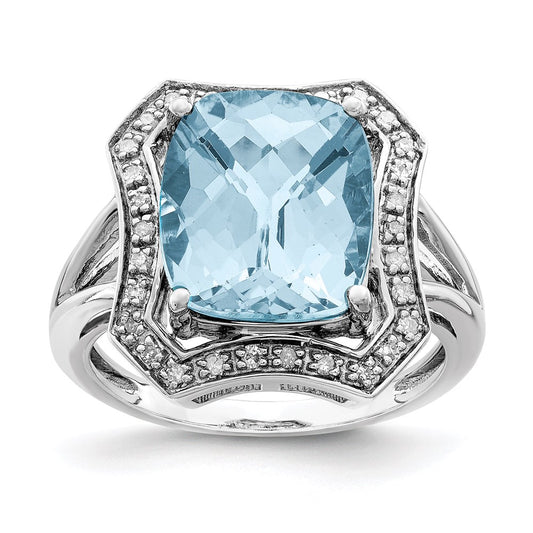 Sterling Silver Rhodium Diamond u0026 Checker-Cut Sky Blue Topaz Ring