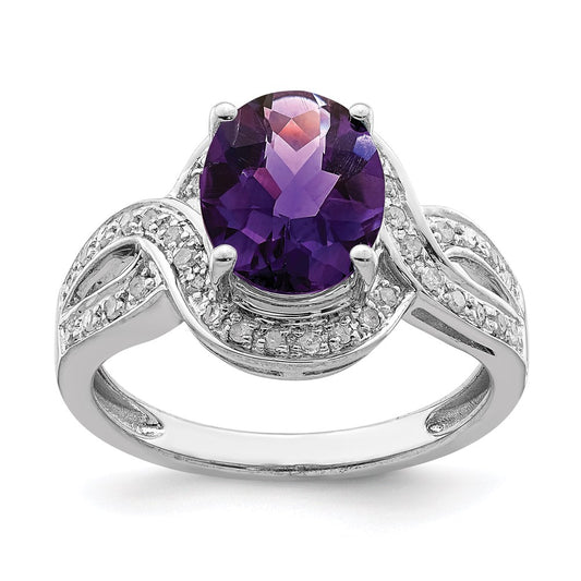 Sterling Silver Rhodium-plated Diamond u0026 Checker-Cut Amethyst Ring